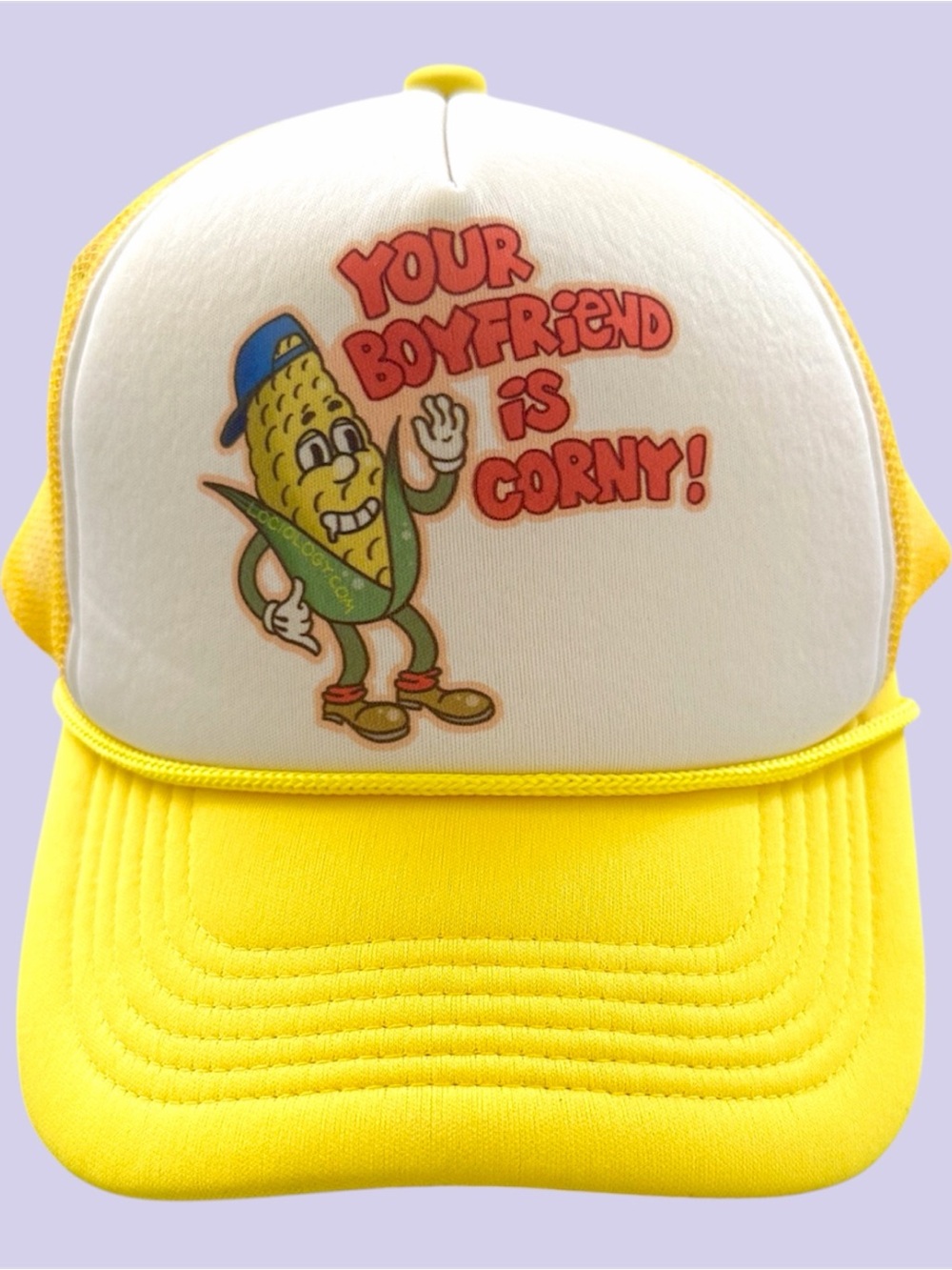 Vintage y2k Yellow and White 'Your Boyfriend Is Corny' Trucker Hat